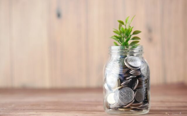 Jar of coins with a growing plant representing how compounding frequency affects investment returns